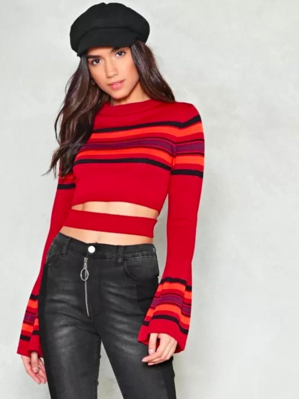 Nasty Gal Knit Striped High Neck Bell Sleeve Top